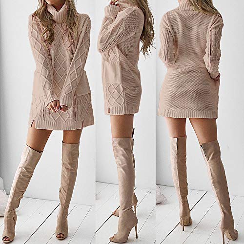 MEIbax Vintage Sudadera Suéter Mujer de Otoño Invierno Color sólido Casual Sexy Mini Vestido de Ronda Cuello de Manga Larga de Punto de Cuello Alto cálido Bolsillo Fiesta Jersey Pullover Tops