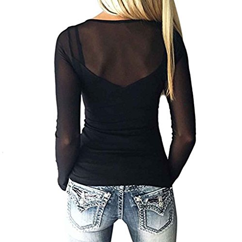 Mengonee Mujeres Sexy Mesh Sheer Patchwork Neck Clubwear Top Blusa Tops de Manga Larga de Color Puro Camisas