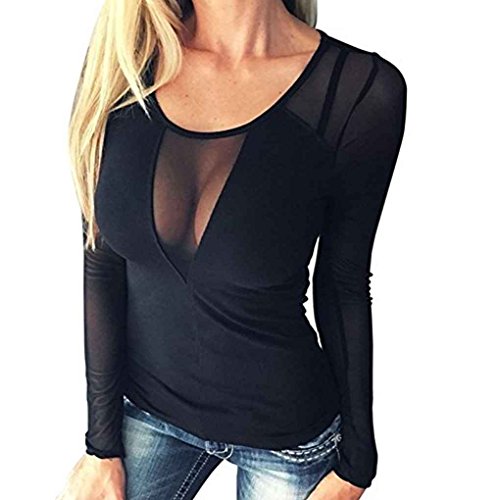 Mengonee Mujeres Sexy Mesh Sheer Patchwork Neck Clubwear Top Blusa Tops de Manga Larga de Color Puro Camisas