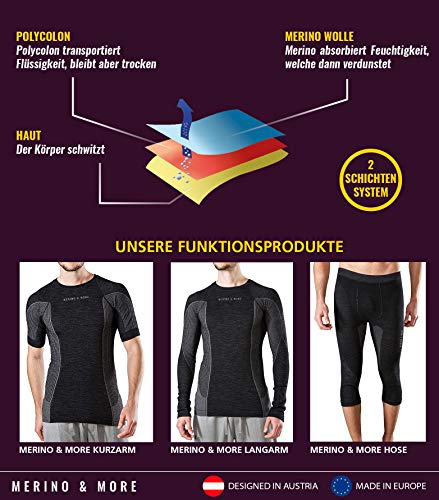 Merino & More - Camiseta funcional de lana de merino para hombre (manga corta, talla M), color negro y gris