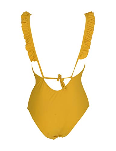 Mermaid - Bañador Liso de Mujer con Ribetes de Volantes (Amarillo Mostaza, 44)