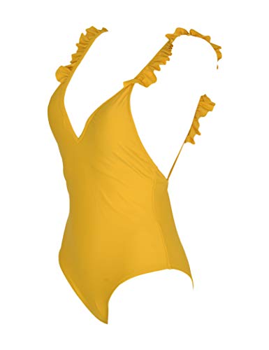 Mermaid - Bañador Liso de Mujer con Ribetes de Volantes (Amarillo Mostaza, 44)
