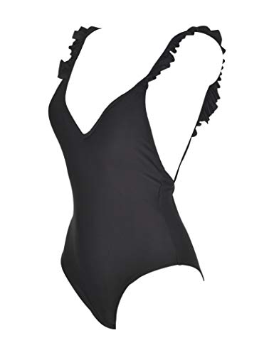 Mermaid - Bañador Liso de Mujer con Ribetes de Volantes (Negro, 44)