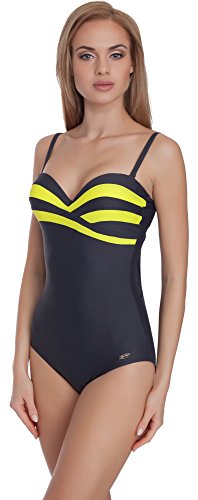 Merry Style Traje de Baño Entero 1 Pieza Monokini Bañador Mujer MS63 (Grafito/Amarillo Limón, 42)