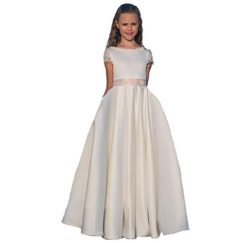 MerryGirl Vestido de niña de Flores de satén Vestido de Encaje con Espalda para niñas Vestido de Primera comunión (Blanco, 10)