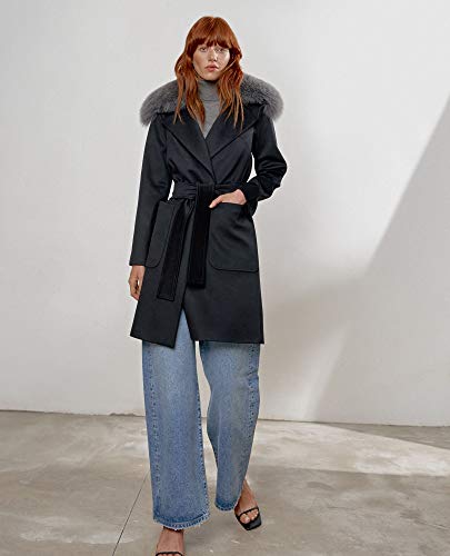 Miguel Marinero Abrigo de Mujer Negro con Pelo en el Cuello y cinturón