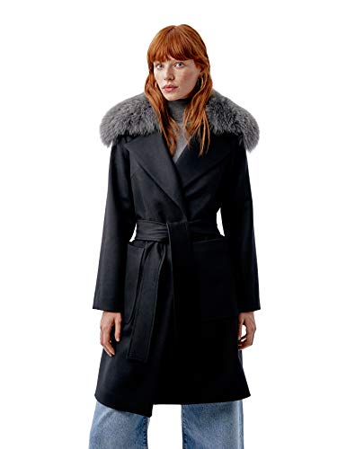 Miguel Marinero Abrigo de Mujer Negro con Pelo en el Cuello y cinturón