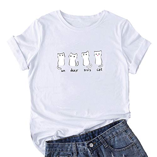 Mikialong - Camiseta de manga corta para mujer, estampado de gatos, en algodón, diseño informal