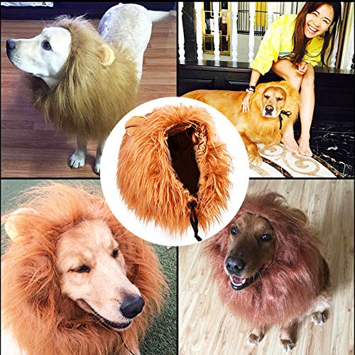 MiLuck Lion Mane peluca para perro y gato Disfraz con orejas Mascota ajustable cómodo Fancy León pelo perro ropa para Halloween Actividad de fiesta del festival de Pascua(Dog-Light Brown)