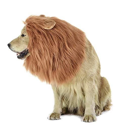 MiLuck Lion Mane peluca para perro y gato Disfraz con orejas Mascota ajustable cómodo Fancy León pelo perro ropa para Halloween Actividad de fiesta del festival de Pascua(Dog-Light Brown)