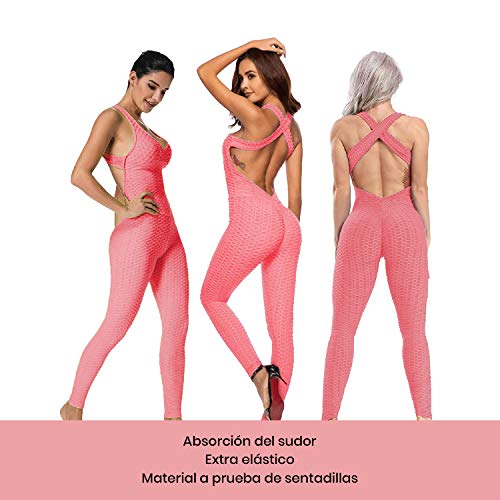 Mimoka Monos Pantalones Deportivos Mujer Elástico y Transpirable | Leggins Mujer Fitness Push up con Tirantes para Yoga GYM Running (L, Rosa)