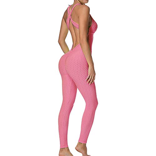 Mimoka Monos Pantalones Deportivos Mujer Elástico y Transpirable | Leggins Mujer Fitness Push up con Tirantes para Yoga GYM Running (L, Rosa)