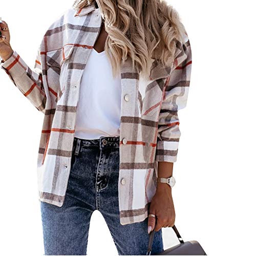 MINASAN Blusa de manga larga con bolsillos a cuadros y botones para mujer, de gran tamaño, abrigo, camisa, chaqueta de leñador, moda boyfreind, chaqueta vaquera caqui XL