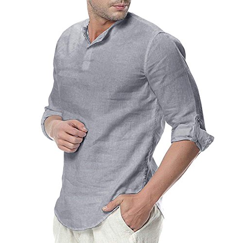 Minetom Camisa Hombre Blusa Suelta Casual Transpirable Top de Manga 3/4 Camisas Sin Cuello de Color Sólido Blusas de Trabajo S M L XL 2XL A Gris Medium