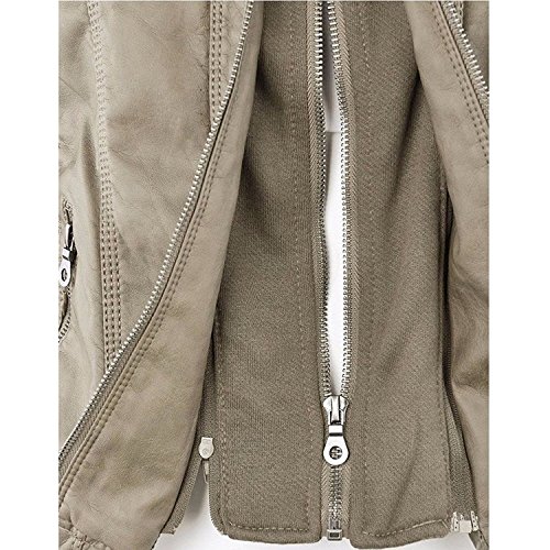 Minetom® Faux cuero de la PU del motorista Motor Bombardero Jack Moda Otoño Invierno abrigos con capucha Blazer para Mujer Caqui 6