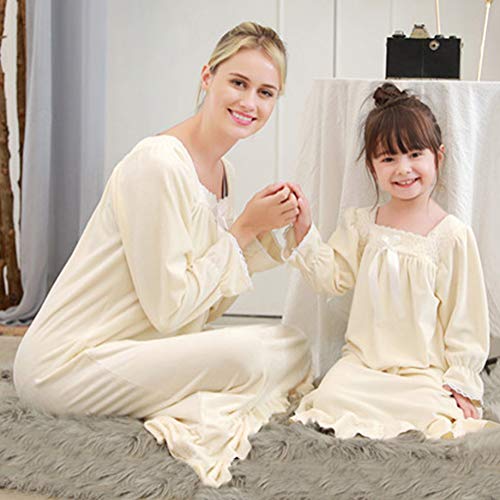Minetom Madre Hija Otoño Invierno Manga Larga Camisón Mujer Niña Familia Pijama Cómodo Suave Terciopelo Vestido Largo con Bowknot Albaricoque 150 (Chica)