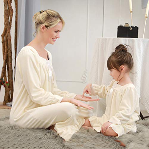 Minetom Madre Hija Otoño Invierno Manga Larga Camisón Mujer Niña Familia Pijama Cómodo Suave Terciopelo Vestido Largo con Bowknot Albaricoque 150 (Chica)