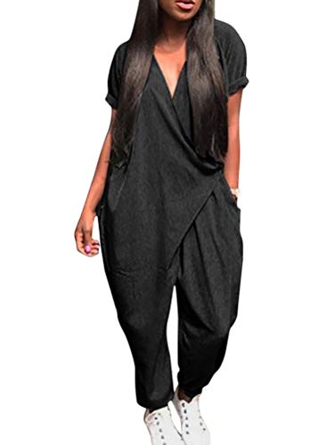 Minetom Mujer Baggy Peto de Pantalones Largos Mono Harem Anchos Talla Grande Casual Moda Bolsillos Tiras Fiesta Manga Corta Cuello en V Jumpsuit A Negro ES 48