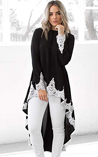 Minetom Mujer Blusa Camisa Vestido Elegante Cuello Redondo Hoja De Loto Manga Larga Encaje Patchwork Túnico Irregular Hem Alta Baja Camiseta A Negro ES 40