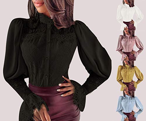 Minetom Mujer Camisa Elegante Manga Larga Blusa Chic Color Sólido Encaje Floral Slim Fit Formal Oficina Shirts Tops C Azul 42