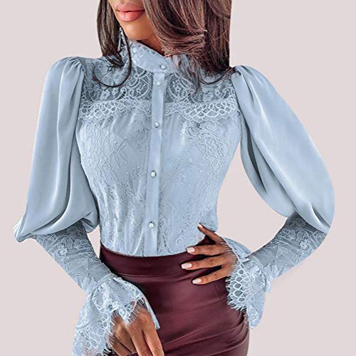 Minetom Mujer Camisa Elegante Manga Larga Blusa Chic Color Sólido Encaje Floral Slim Fit Formal Oficina Shirts Tops C Azul 42