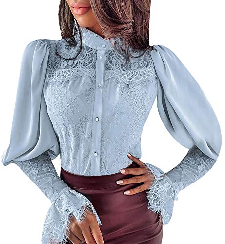 Minetom Mujer Camisa Elegante Manga Larga Blusa Chic Color Sólido Encaje Floral Slim Fit Formal Oficina Shirts Tops C Azul 42