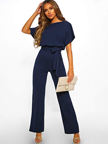 Minetom Mujer Monos Pantalones De Pierna Ancha Elegante Manga Corta Cinturón Jumpsuit Playsuit de Fiesta Noche Cóctel Banquete Marina ES 38
