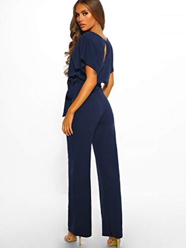 Minetom Mujer Monos Pantalones De Pierna Ancha Elegante Manga Corta Cinturón Jumpsuit Playsuit de Fiesta Noche Cóctel Banquete Marina ES 38