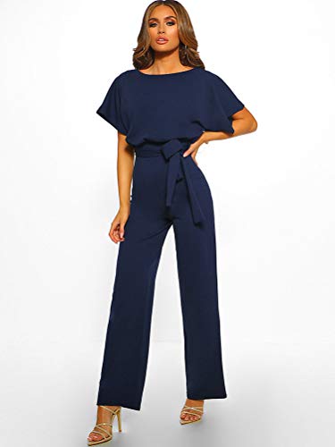 Minetom Mujer Monos Pantalones De Pierna Ancha Elegante Manga Corta Cinturón Jumpsuit Playsuit de Fiesta Noche Cóctel Banquete Marina ES 38