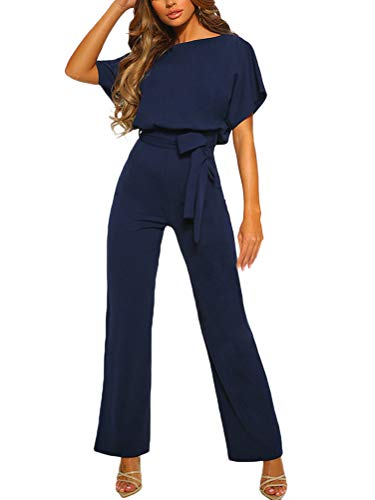 Minetom Mujer Monos Pantalones De Pierna Ancha Elegante Manga Corta Cinturón Jumpsuit Playsuit de Fiesta Noche Cóctel Banquete Marina ES 38