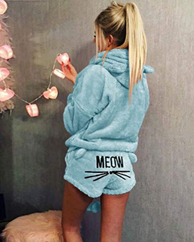 Minetom Mujer Otoño Invierno Pijama de Dos Piezas Conjunto Suave Cálida Lana de Coral Traje de Terciopelo Lindo Gato Kitty Pantalones Cortos y Sudaderas con Capucha Azul ES 50