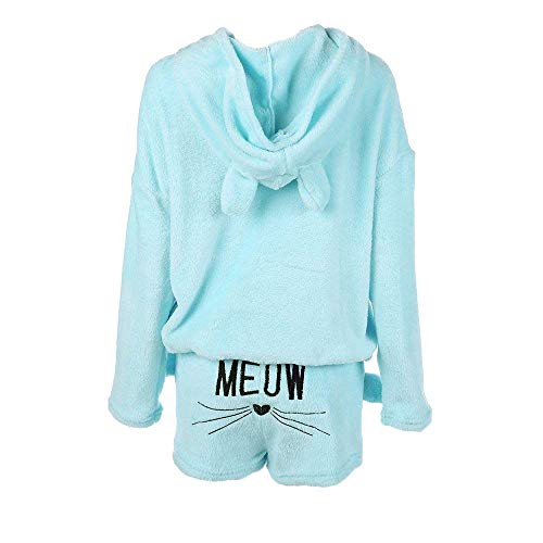 Minetom Mujer Otoño Invierno Pijama de Dos Piezas Conjunto Suave Cálida Lana de Coral Traje de Terciopelo Lindo Gato Kitty Pantalones Cortos y Sudaderas con Capucha Azul ES 50