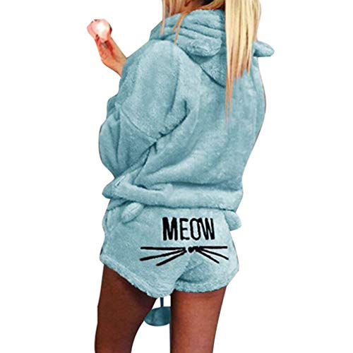 Minetom Mujer Otoño Invierno Pijama de Dos Piezas Conjunto Suave Cálida Lana de Coral Traje de Terciopelo Lindo Gato Kitty Pantalones Cortos y Sudaderas con Capucha Azul ES 50