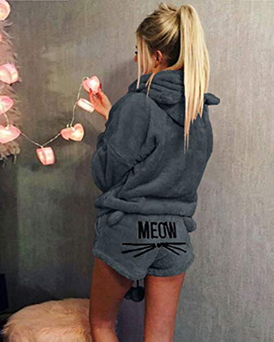 Minetom Mujer Otoño Invierno Pijama de Dos Piezas Conjunto Suave Cálida Lana de Coral Traje de Terciopelo Lindo Gato Kitty Pantalones Cortos y Sudaderas con Capucha Gris Oscuro 01 ES 44