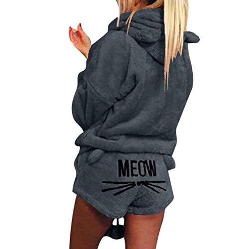 Minetom Mujer Otoño Invierno Pijama de Dos Piezas Conjunto Suave Cálida Lana de Coral Traje de Terciopelo Lindo Gato Kitty Pantalones Cortos y Sudaderas con Capucha Gris Oscuro 01 ES 44