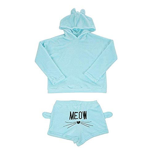 Minetom Mujer Otoño Invierno Pijama de Dos Piezas Conjunto Suave Cálida Lana de Coral Traje de Terciopelo Lindo Gato Kitty Pantalones Cortos y Sudaderas con Capucha Azul ES 50