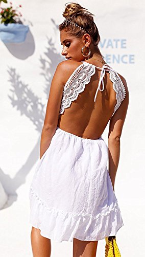 Minetom Mujer Sexy Cuello en V Cordón Vestido Corto de Verano Sin Mangas Color Puro Vestir de Playa Cóctel Fiesta Mini Dress 02 Blanco ES 34
