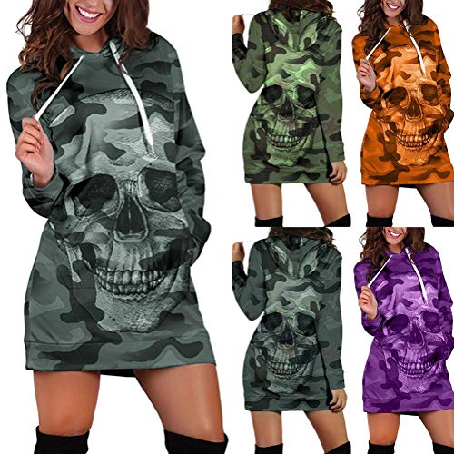 Minetom Mujer Sudaderas con Capucha Largas Casual Manga Larga Blusas Hoodies Estampado de Leopardo Camuflaje Calavera Impresión Otoño Invierno Mini Vestido B Gris 34