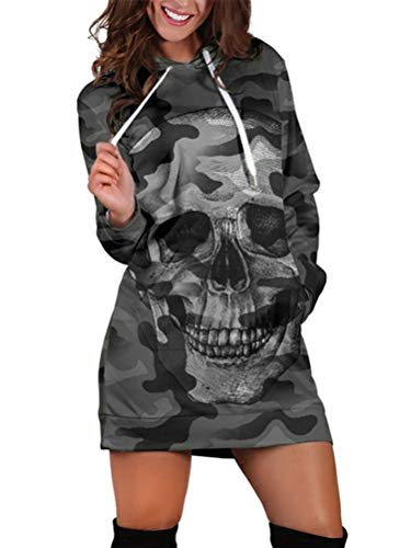 Minetom Mujer Sudaderas con Capucha Largas Casual Manga Larga Blusas Hoodies Estampado de Leopardo Camuflaje Calavera Impresión Otoño Invierno Mini Vestido B Gris 34