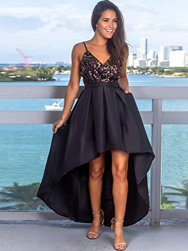 Minetom Mujer Vestido Largo con Lentejuelas Brillantes para Fiesta Noche Boda Formal Elegante Sin Manga Cuello en V Plisada Dress Negro 40