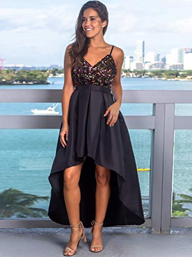 Minetom Mujer Vestido Largo con Lentejuelas Brillantes para Fiesta Noche Boda Formal Elegante Sin Manga Cuello en V Plisada Dress Negro 40