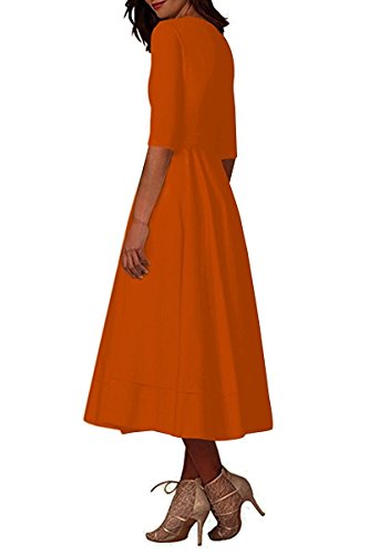 Minetom Mujer Vintage Vestidos Elegante Manga 1/2 Cuello en V Profundo Color Puro Vestir de Cóctel Fiesta Noche Midi Swing Dress Naranja ES 40
