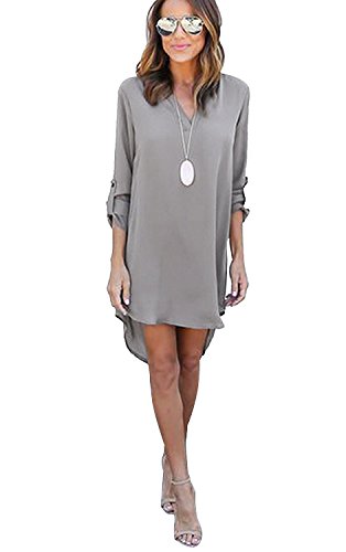 Minetom Mujeres Blusas y Camisas Gasa Manga Larga V Cuello Camisa Blouses T Shirt Tunica OL Sólido Color Mini Vestido Gris ES 44