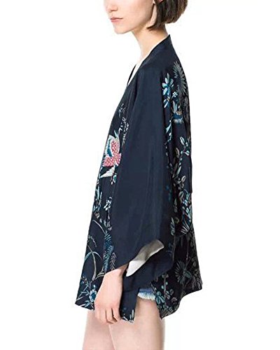 Minetom Mujeres Cardigan Kimono Japonés de Mangas Largas de Murciélago Estampado del Diseño de Ave Fénix Azul ES 38