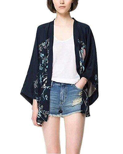 Minetom Mujeres Cardigan Kimono Japonés de Mangas Largas de Murciélago Estampado del Diseño de Ave Fénix Azul ES 38