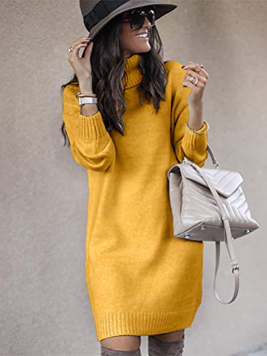 Minetom Mujeres de Punto Vestido Cuello Alto Manga Larga Mini Dress Color Sólido Otoño Invierno Suéter Largo Amarillo 48