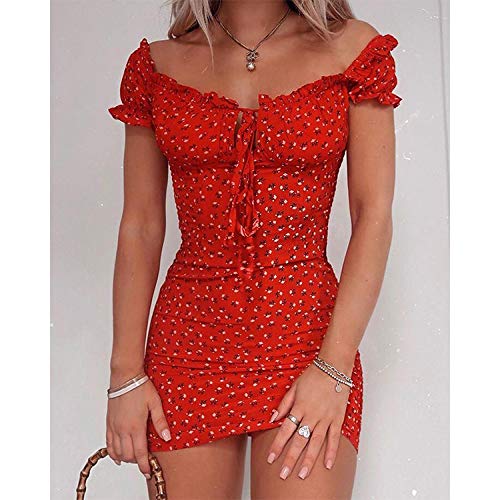 Mini vestido de verano para mujer, cuello de barco, manga corta, con estampado floral, vestido de cóctel, casual, sexy, elegante #102 Rosso M