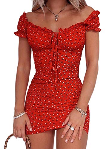 Mini vestido de verano para mujer, cuello de barco, manga corta, con estampado floral, vestido de cóctel, casual, sexy, elegante #102 Rosso M