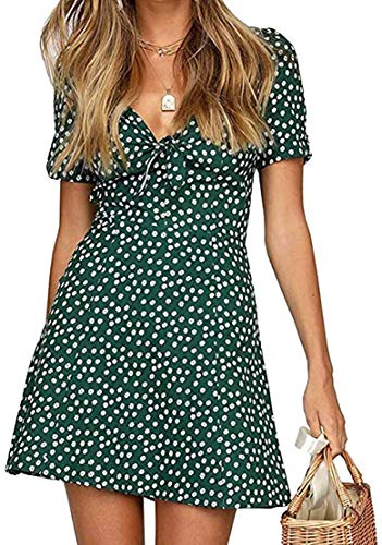 Mini Vestido de Verano para Mujer Elegante Vestido de Cóctel Casual de A Línea con Estampado Floral de Manga Corta con Cuello en V (Verde, XL)