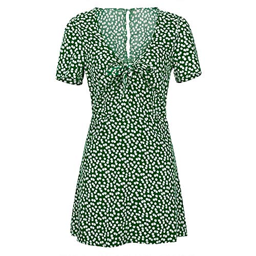 Mini Vestido de Verano para Mujer Elegante Vestido de Cóctel Casual de A Línea con Estampado Floral de Manga Corta con Cuello en V (Verde, XL)